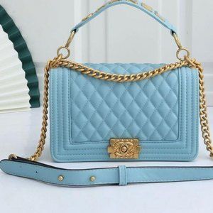 Baby Blue & Black C quilted fashion bag, gold chain straps, handbag, crossbody